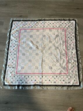 No Name White and Pink Monogram Silk Scarf Have Some Spots